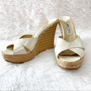 Jimmy Choo White Patent Leather Platform Wedge Espadrilles Heels Women's Size 41
